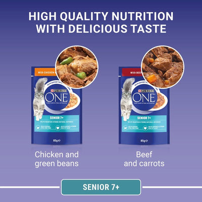 M&S Purina One Senior 7+ Mini Fillets Chicken & Beef Wet Cat Food 8 x 85g- Buy online at McGrocer