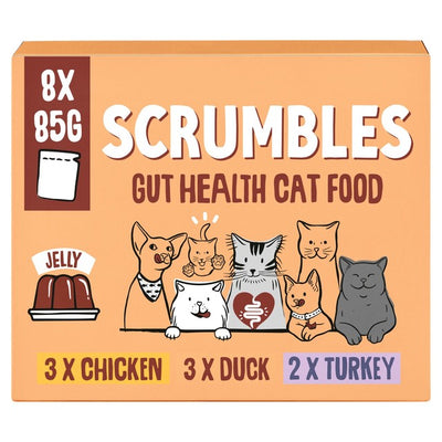 Scrumbles Getreidefreies Nassfutter für Katzen in Gelee, Fleischsorten, 8 x 85 g