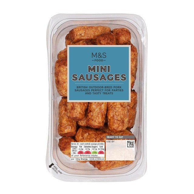 M&S mini cocktailpølser i pakke 300 g, importert fra Storbritannia