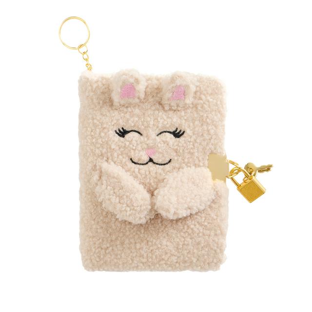 Fluffy Bunny-Covered A6 Keychain Diary with Lock, 80 Recycled Paper Pages