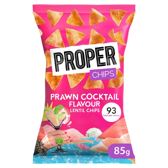 Properchips Prawn Cocktail Lentil Chips 85g, imported from the UK