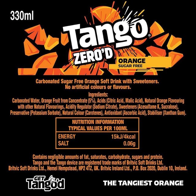 Tango orange sugar free fizzy drink 8 x 330ml (British brand)