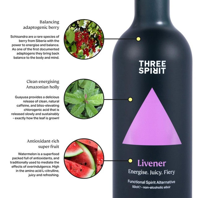 Three Spirit Livener non-alcoholic botanical elixir 50cl (British brand)