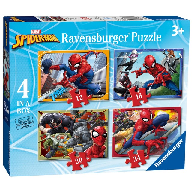 Ravensburger Spider-Man 4-in-box jigsaw puzzle set with 12, 16, 20, and 24 pieces, imported from the UK