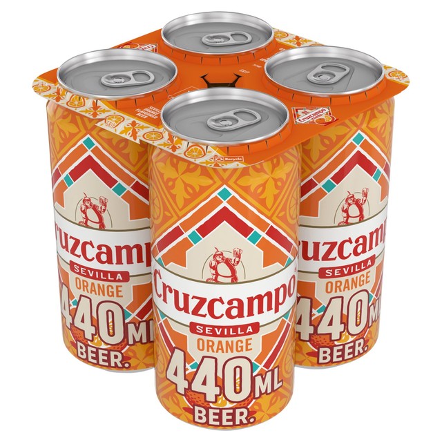 Cruzcampo Sevilla Orange Lager Beer cans, imported from the UK
