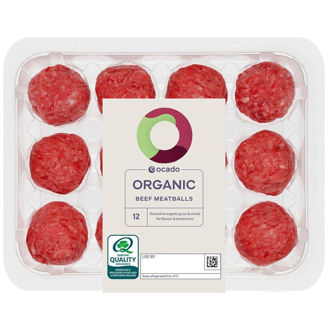 Ocado organic beef meatballs 12 pack 336g, imported from the UK