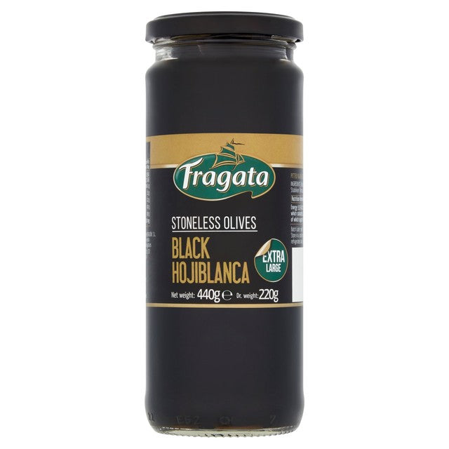 Fragata pitted black olives 440g, imported from the UK
