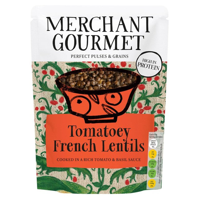 Merchant Gourmet Tomatoey Lentils 250g, imported from the UK