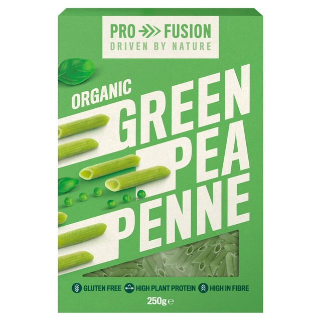 Profusion organic green pea protein penne, imported from the UK