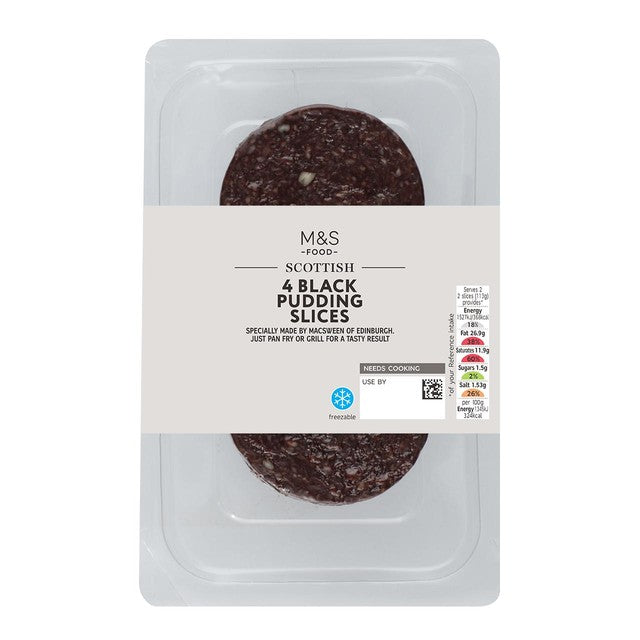 M&S Black Pudding Slices 4 pack 227g, imported from the UK