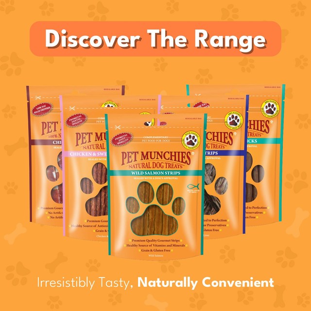 Pet Munchies wild salmon strips dog treats 80g, imported from the UK