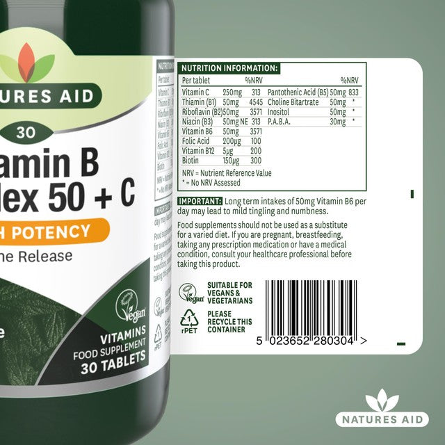 Natures Aid B Complex 50 Plus C tablets, imported from the UK