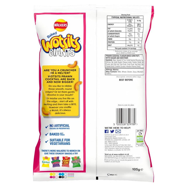 Walkers Wotsits Giants Prawn Cocktail crisps 105g (British brand)