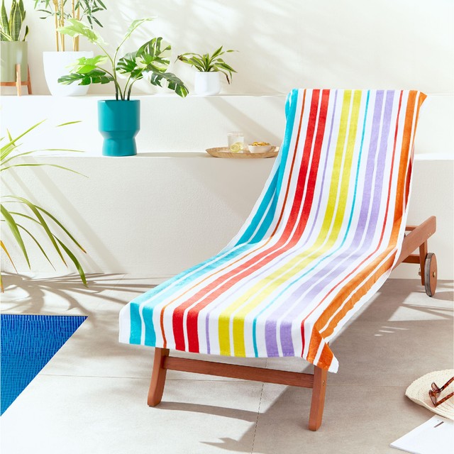 Catherine Lansfield rainbow stripe sun lounger towel (British brand)