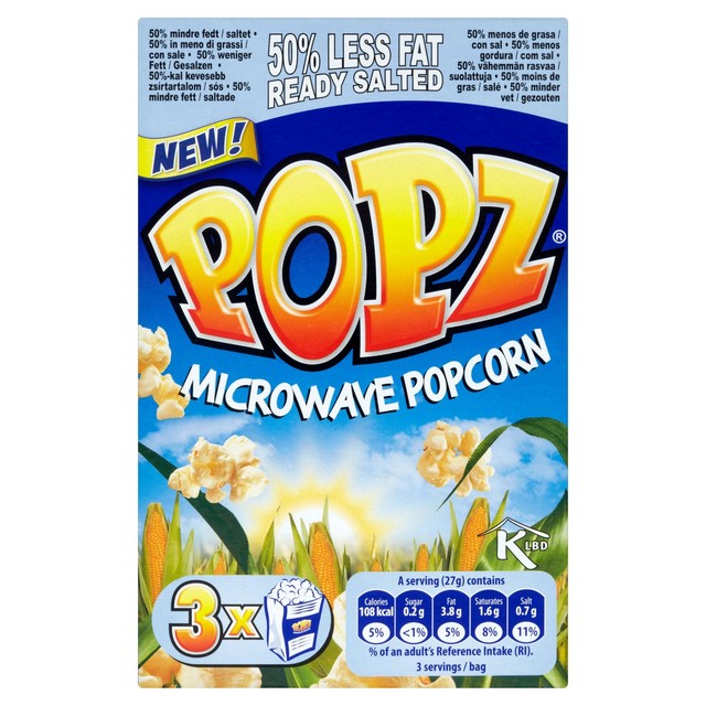 Popz 50% reduced fat salted microwave popcorn 3 x 80g, imported from the UK