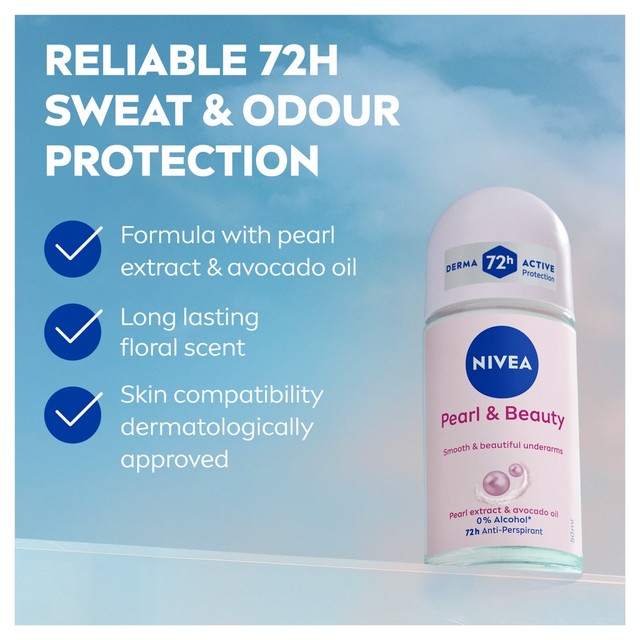 NIVEA Pearl & Beauty Anti-Perspirant Deodorant Roll-On 50ml, imported from the UK