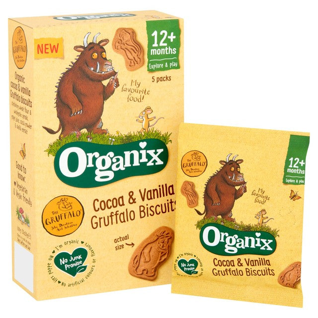 Organix Gruffalo cocoa and vanilla toddler biscuits 5 x 20g multipack, imported from the UK