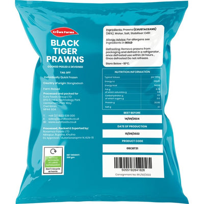 Crown Farms Gekochte und geschälte Schwarze Tiger Riesengarnelen Tiefkühlfisch 200g