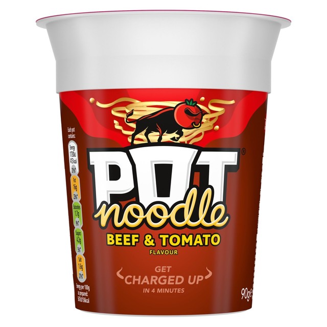 Pot Noodle Beef & Tomato instant noodle pot 90g, imported from the UK