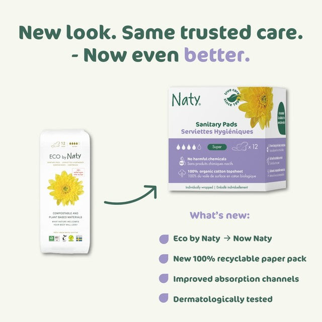 Naty Super Sanitary Pads 12 Pack, imported from the UK
