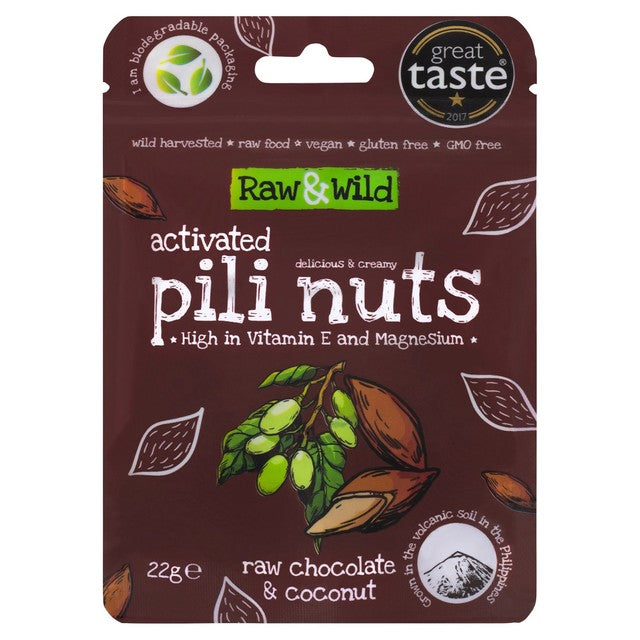 Raw & Wild chocolate coconut pili nuts 22g, imported from the UK