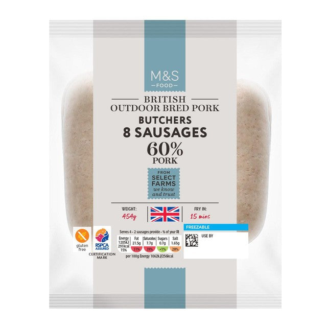 M&S Butchers pork sausages 8 pack 454g, imported from the UK