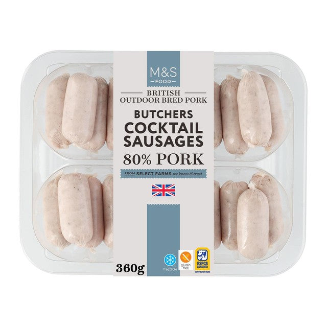M&S gluten-free pork cocktail sausages 360g, imported from the UK