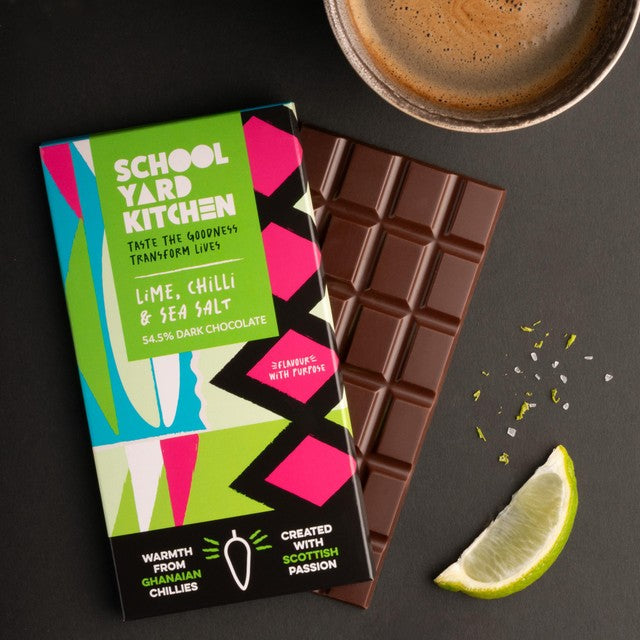 School Yard dark chocolate bar with lime, chilli and sea salt, imported from the UK