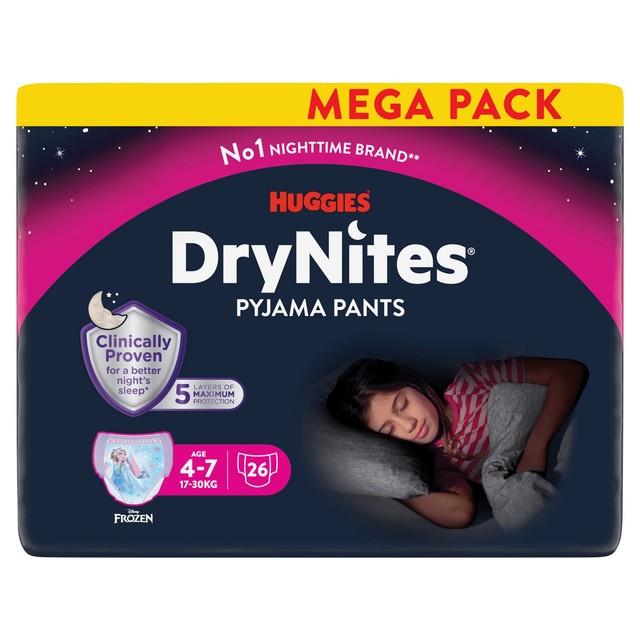 Huggies DryNites girls nighttime pants 4-7yrs mega pack - British product