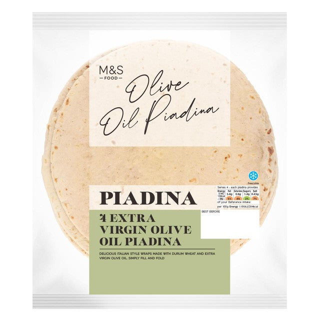 M&S extra virgin olive oil piadina flatbreads 4 pack, imported from the UK