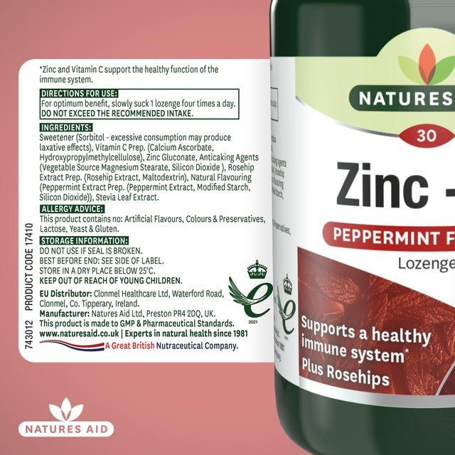 Natures Aid Zinc C peppermint supplement lozenges, imported from the UK