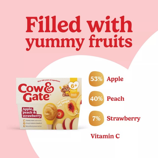 Cow & Gate apple peach strawberry baby food pots 4 x 100g - British product