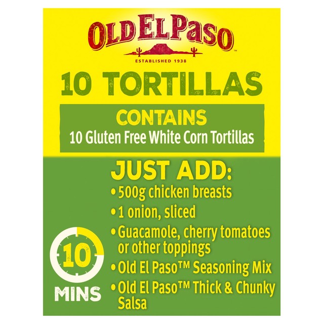 Old El Paso Small Gluten Free White Corn Tortilla Wraps 10 Pack, imported from the UK
