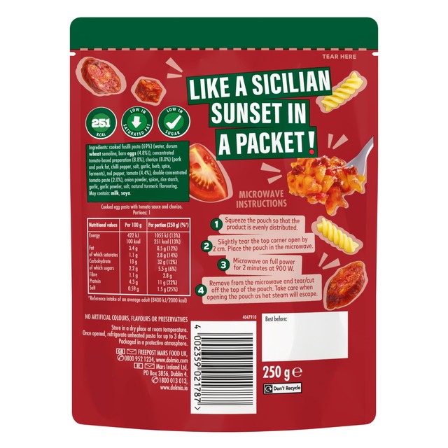 Dolmio Spicy Chorizo Fusilli microwave pasta meal 250g - British product