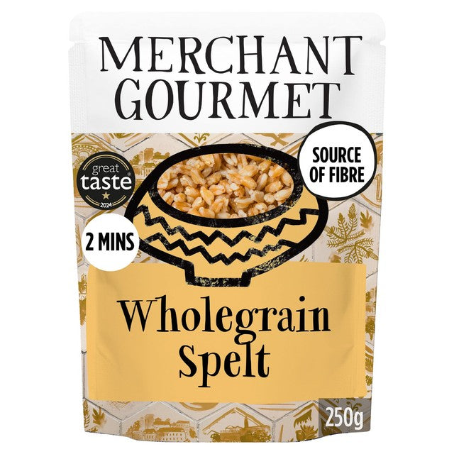 Merchant Gourmet cooked wholegrain spelt with olive oil 250g, imported from the UK
