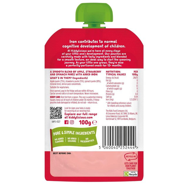 Kiddylicious strawberry spinach apple baby food pouch 100g, UK version