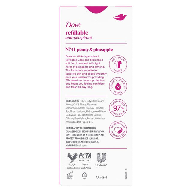 Dove No41 Peony & Pineapple refillable antiperspirant stick - British product