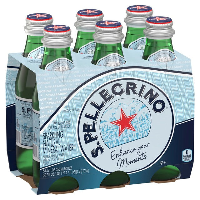 San Pellegrino sparkling natural mineral water 6x250ml glass bottles (British brand)