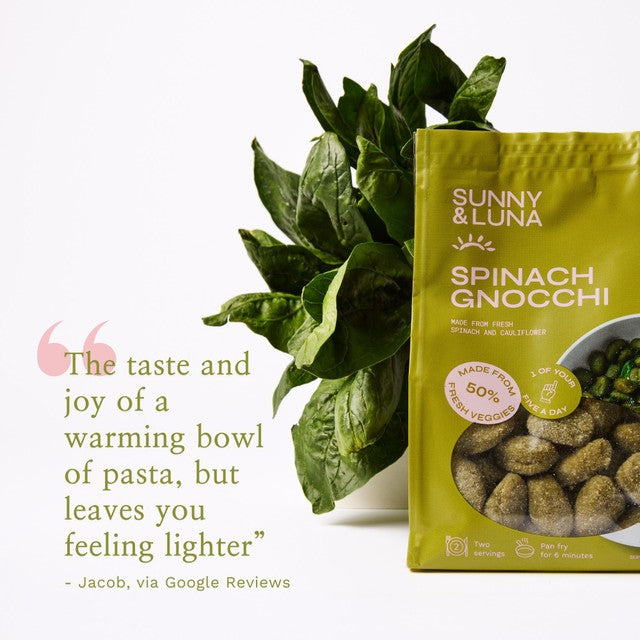 Sunny & Luna spinach gnocchi, gluten-free Italian pasta imported from the UK