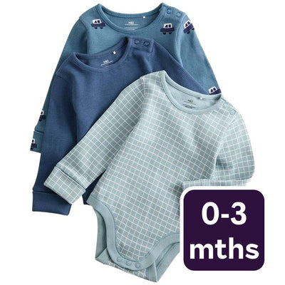 M&S Pure Cotton Car Print Long Sleeve Baby Bodysuits 0-3 Months 3-Pack