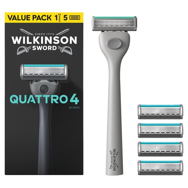 Wilkinson Sword Quattro razor handle 5 blade refills - British product