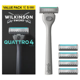 Wilkinson Sword Quattro razor handle 5 blade refills - British product