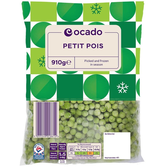 Ocado frozen petits pois 910g imported from the UK