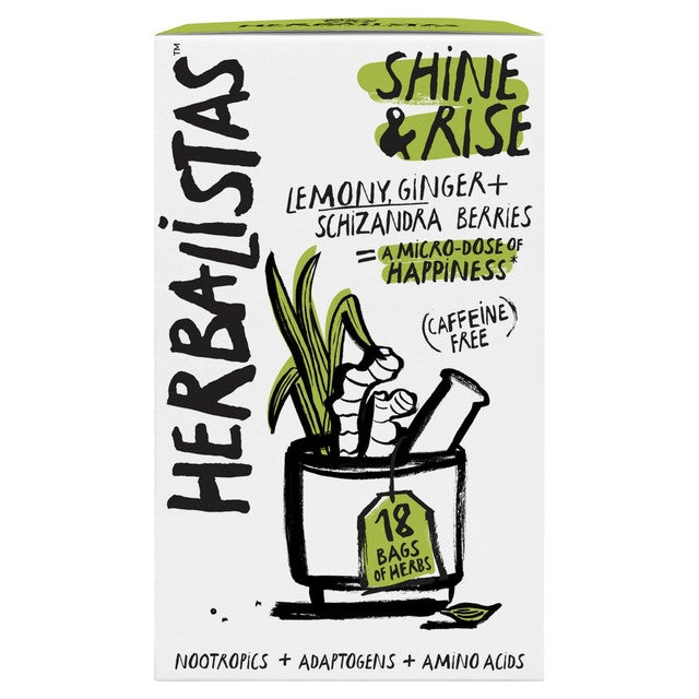 Herbalistas Shine Rise herbal tea with lemongrass, ginger, and schizandra, UK version