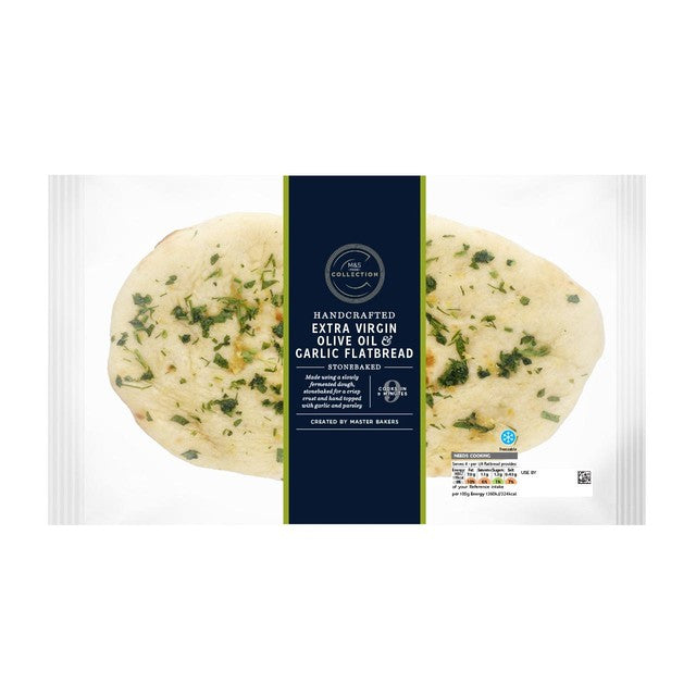 M&S extra virgin olive oil and garlic flatbread 220g, imported from the UK
