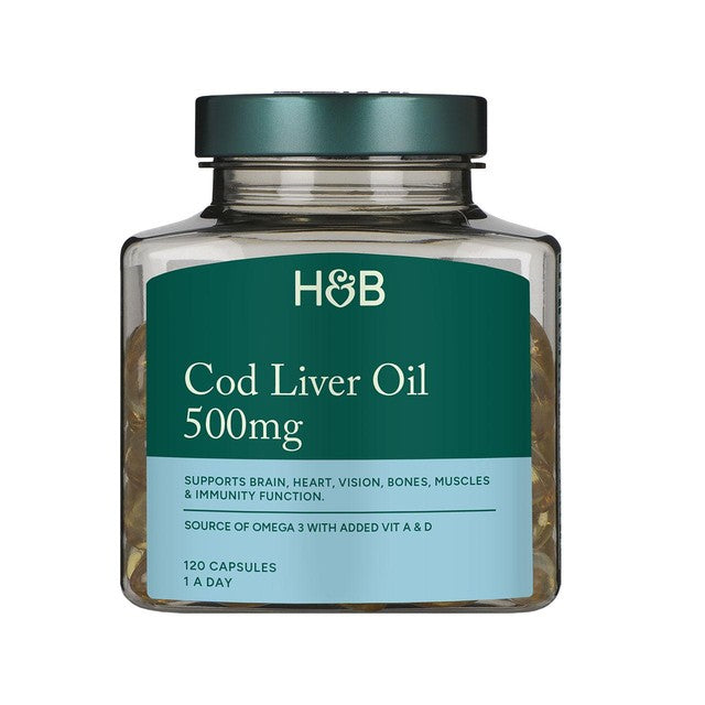 Holland & Barrett pure cod liver oil 500mg capsules 120 pack, UK version