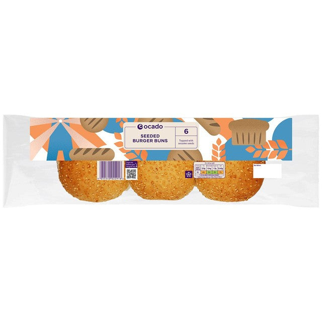 Ocado seeded white burger buns 6 per pack, imported from the UK