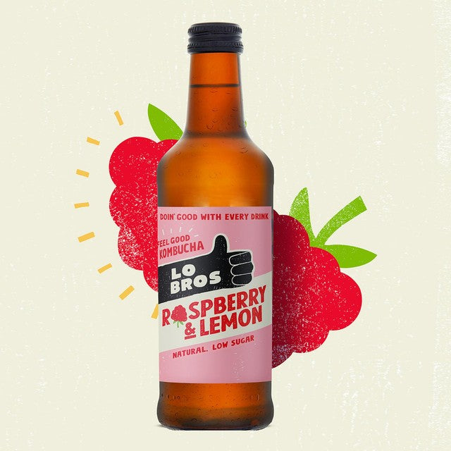 Lo Bros kombucha raspberry and lemon low sugar 330ml, UK version