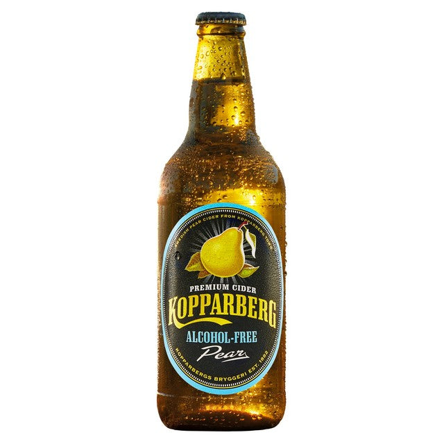 Sidra de pera sin alcohol Kopparberg, botella de vidrio de 500 ml, versión para el Reino Unido.