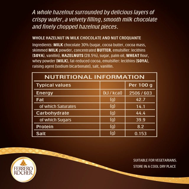 Ferrero Rocher milk chocolate hazelnut pralines in a 24-piece box - British product